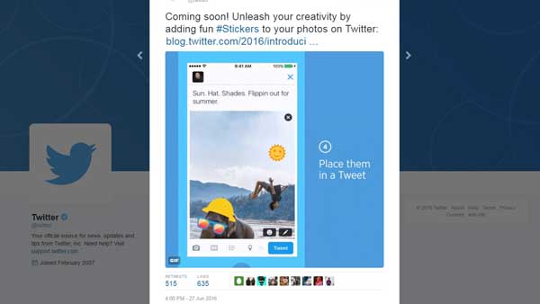 Novità Twitter, arrivano gli stickers