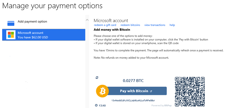 Screenshot del pagamento in Bitcoin di Microsoft